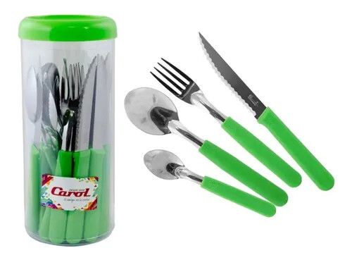 JUEGO DE CUBIERTOS 24 PIEZAS EN FRASCO VERDE MANZANA CAROL 62024